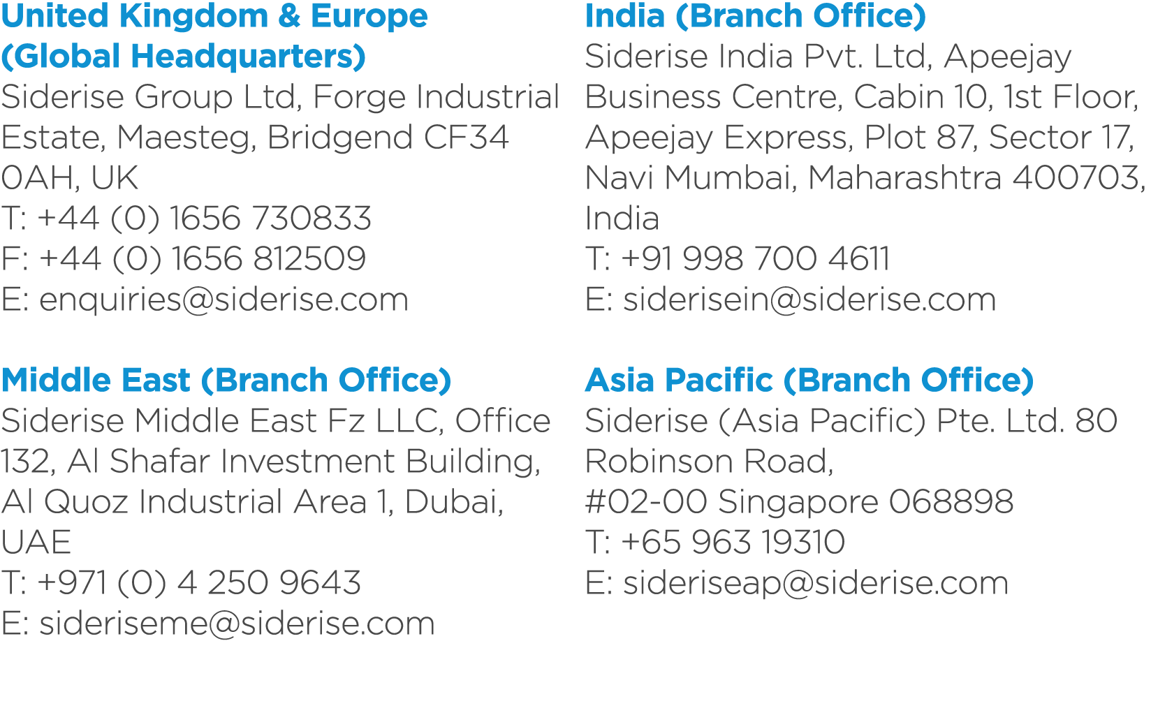 United Kingdom & Europe (Global Headquarters) Siderise Group Ltd, Forge Industrial Estate, Maesteg, Bridgend CF34 0AH...