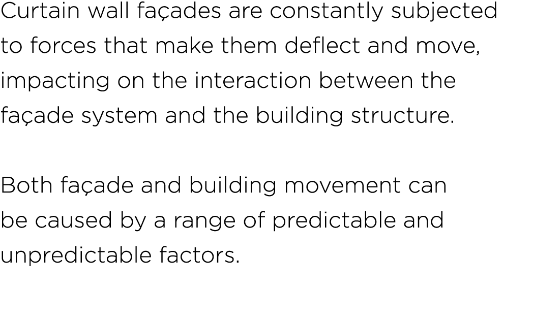 Curtain wall fa ades are constantly subjected to forces that make them deflect and move, impacting on the interaction...
